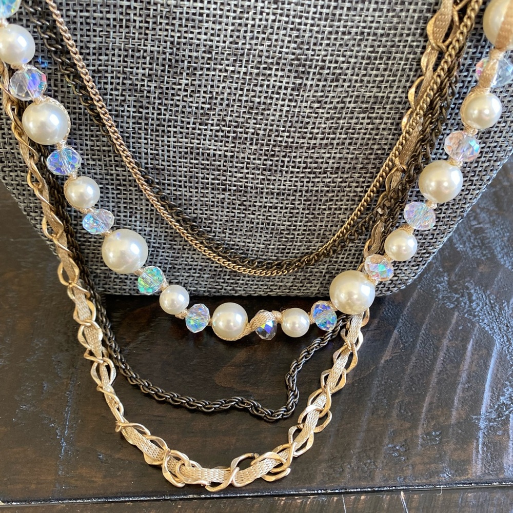 Multi-Strand Gold Pearl & Crystal Necklace - Women Jewelry - Picture 3 of 5